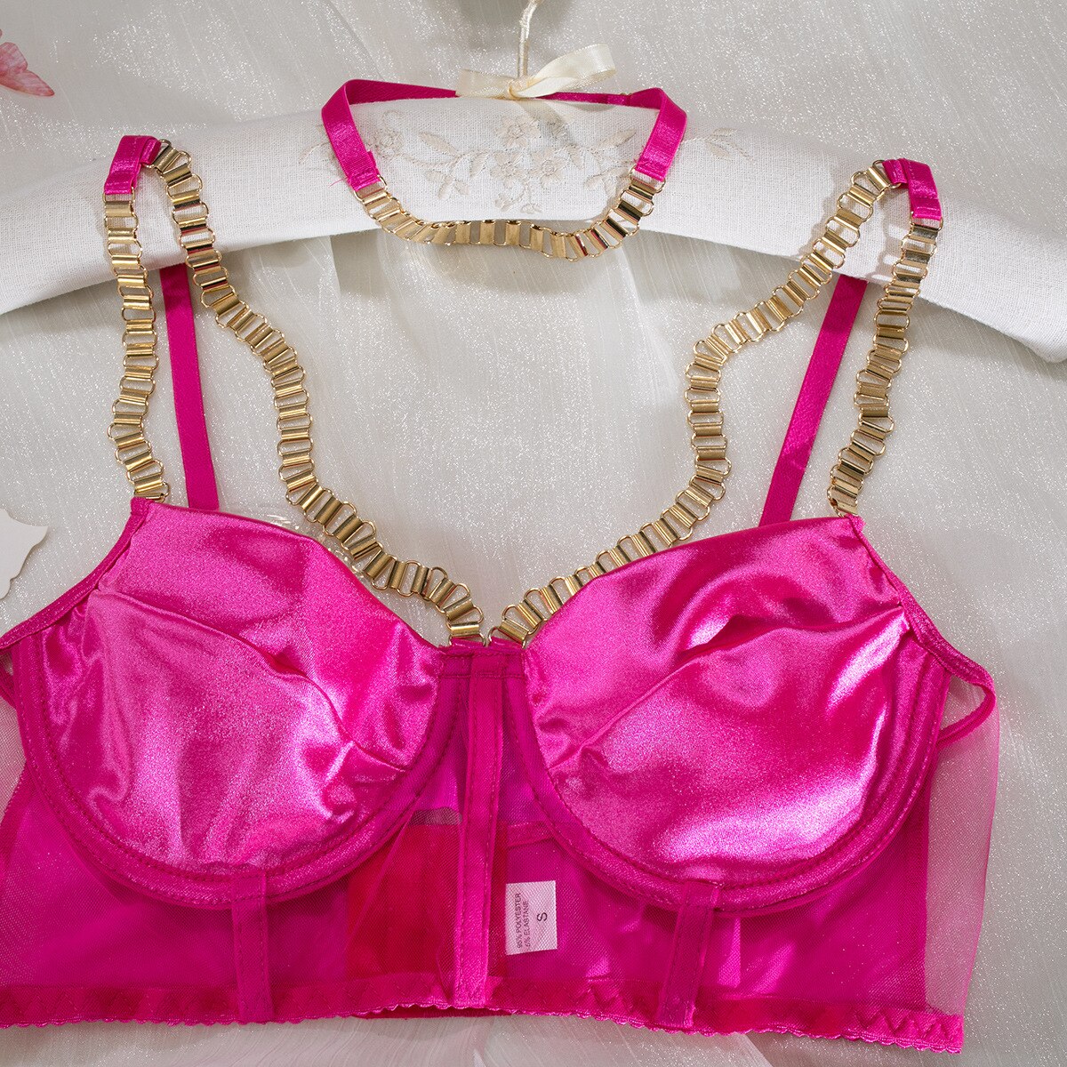 Metallketten-Dessous-Set für Damen, Choker, 4 Farben, Strapsgürtel-Kit, Satin Club Unterwäsche-Set