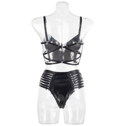 Motor Style PU Leather Bra Set - Backless design with bandage panties