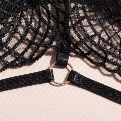 Stickerei Sinnliches Strumpfband-Lingerie-Set mit BH und Höschen in Schwarz