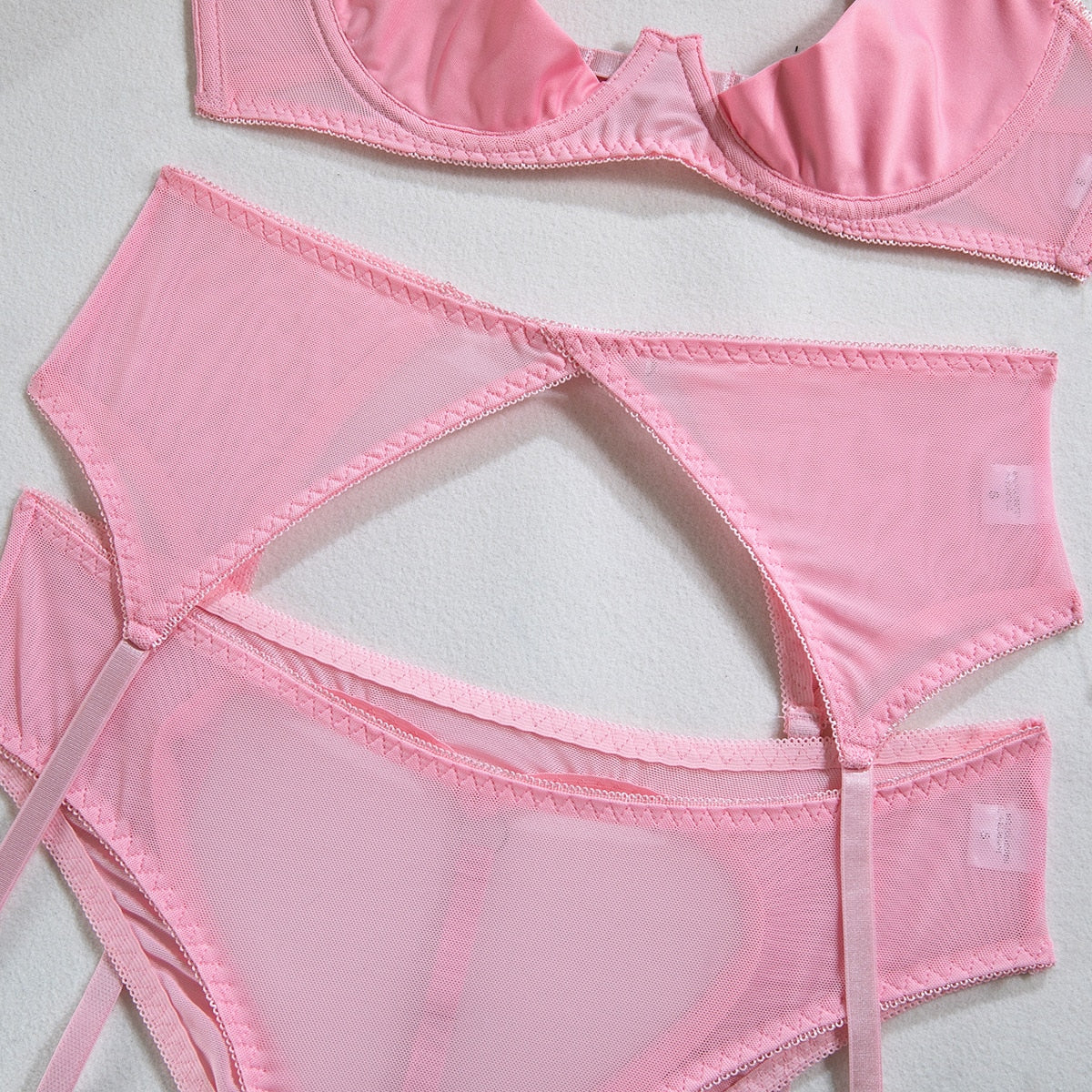 Einheitliches Dessous-Set mit Aussparungen - Flirtendes Rückenfreies Höschen in Rosa mit Verführerischem Strumpfband-Set