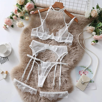 Halter Stickerei-Lingerie-Set für Damen, Sexy Erotischer BH + Höschen Unterwäsche-Set, Transparentes Gerafftes Strumpfband-Set