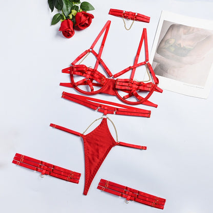 3 Piece Cut Out Bandage Lingerie Set for Women: Chain, Red, Sexy Erotic Set, Choker Underwear Set