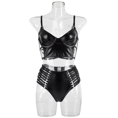 Motor Style PU Leather Bra Set - Backless design with bandage panties