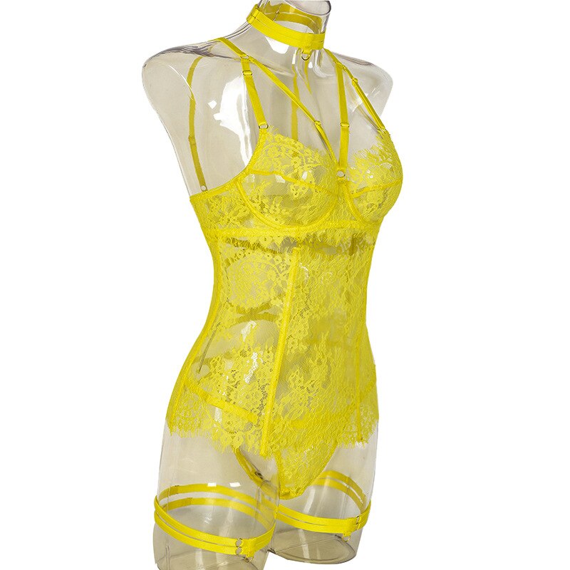 Ensemble de lingerie en dentelle transparente 5 pièces pour femmes : tour de cou, slip dos nu, ensemble de sous-vêtements