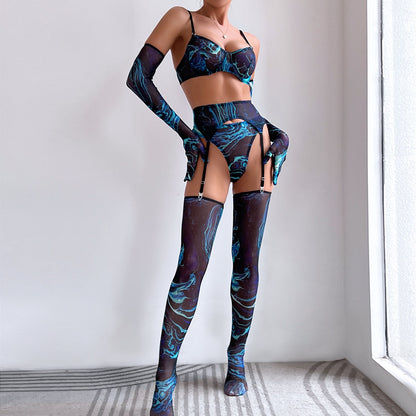 Tie Dye Print Lingerie - Ensemble érotique 5 pièces avec jarretière, gants et bas