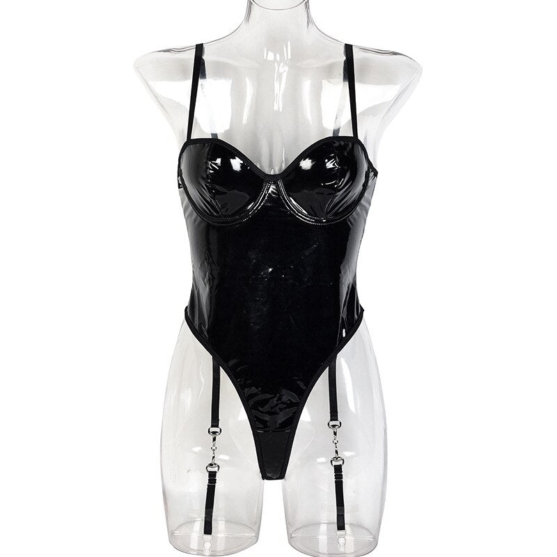 PU leather bodysuit in motor style - seductive V-neck and backless, body femme for the club