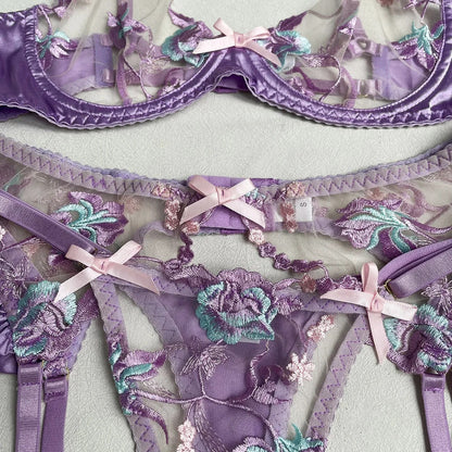 Floral Embroidery Lingerie Set for Women, Elegant Sexy See Through Erotic Bra and Panties Underwear Set with Ruched Garter Set