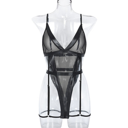 Deep V Neck Bodysuit für Damen: Transparent Schwarz, Rückenfrei, Sexy Bodysuit, Gestreifter Strumpfhalter, Erotischer Body Femme Club