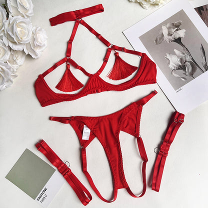 Quasten Dessous-Set für Damen: Halter, Sexy Erotisches Set, Rot/Schwarz, Rückenfreier Slip