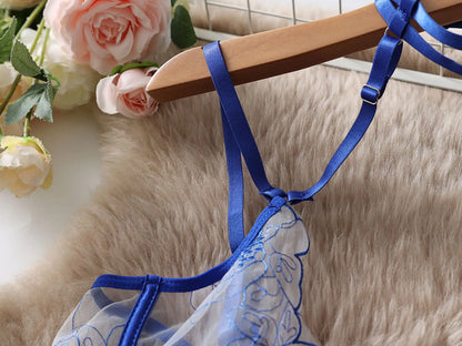 Halter Stickerei-Lingerie-Set für Damen, Sexy Erotischer BH + Höschen Unterwäsche-Set, Transparentes Gerafftes Strumpfband-Set