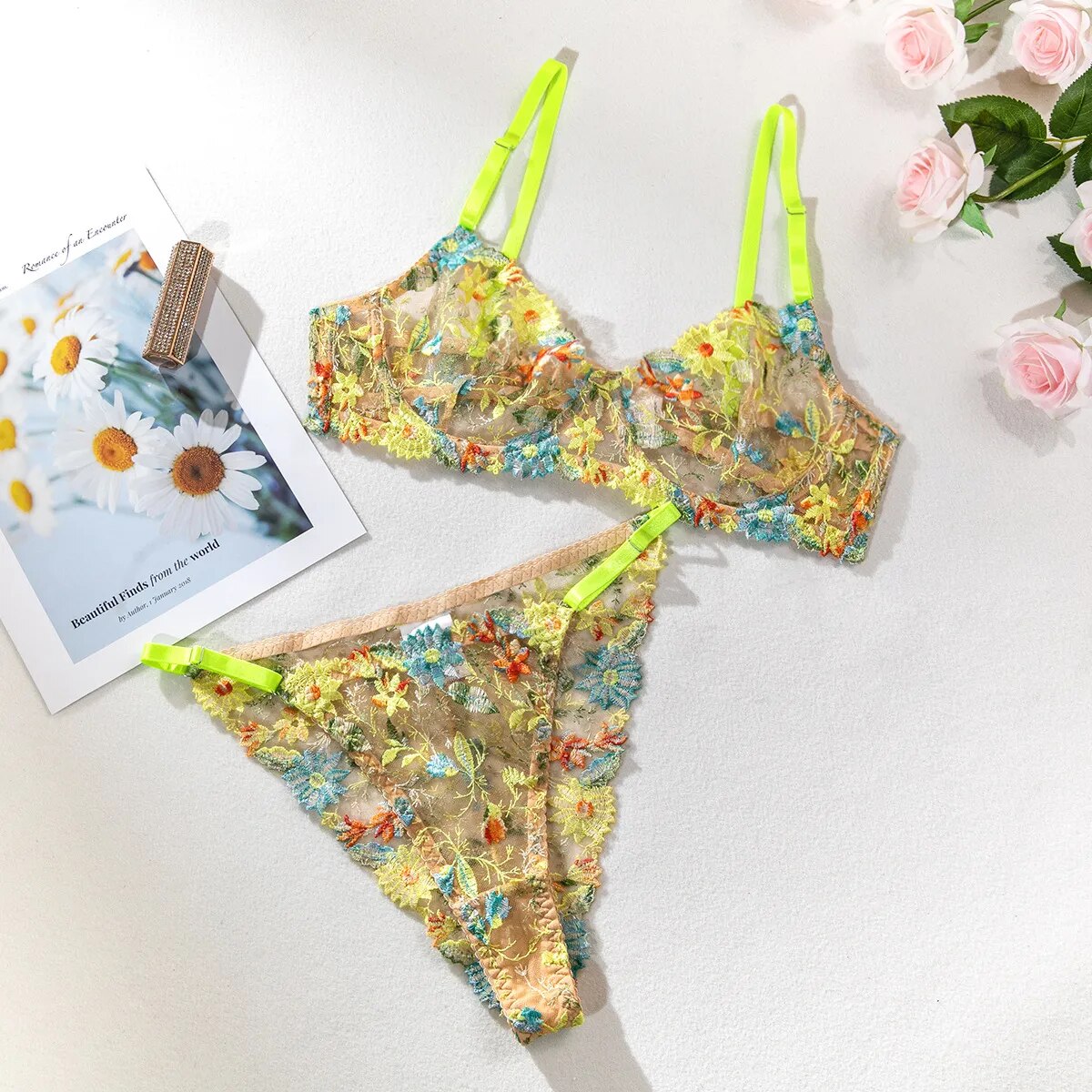 Florales Stickerei-Lingerie-Set für Damen, 2-teiliges Sexy Durchsichtiges BH + Höschen Unterwäsche-Set, Sinnliche Dessous