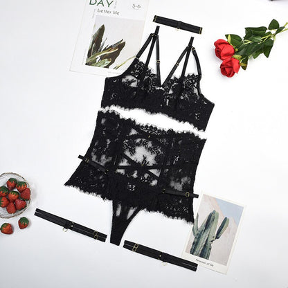 5-teiliges Transparentes Spitzen-Dessous-Set für Damen: Choker, Rückenfreier Slip, Unterwäsche-Set