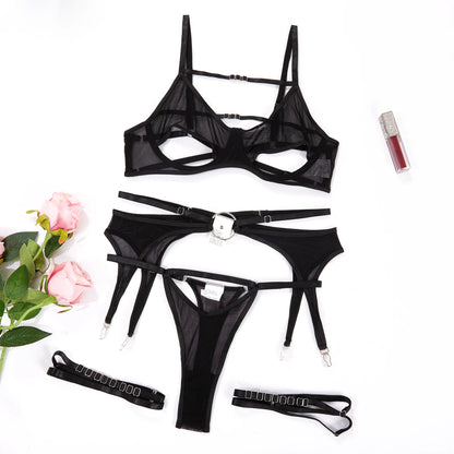 Ausgeschnittenes Mesh-Lingerie-Set für Damen, Bandage Sinnlicher BH + Höschen Unterwäsche-Set, Sexy Exotisches Schwarzes Phantasievolles Set