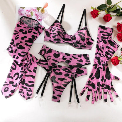 Leopard Print Lingerie Set for Women, 5 Piece Sensual Bra + Panties Underwear Set with Stockings and Gloves, Sexy Erotic Set