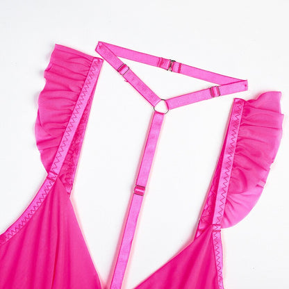 Ensemble de lingerie licou à bretelles à volants pour femmes : ensemble de sous-vêtements sexy de couleur unie, ensemble érotique en maille, slip sensuel, porte-jarretelles