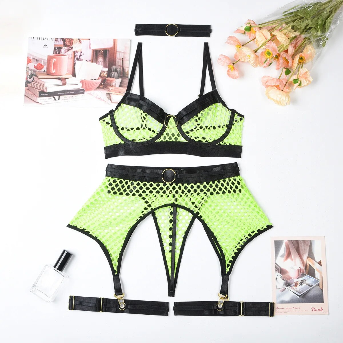 Kontrastfarbenes Mesh-Sheer Erotisches Dessous-Set mit Halsreif, 5-teiliges BH, Tanga und Strumpfband Unterwäsche-Set