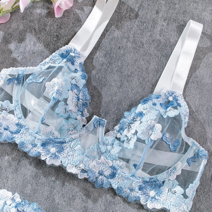 Ensemble de lingerie brodé floral pour femme, soutien-gorge transparent + culotte, sous-vêtements, kit de lingerie sexy 2 pièces pour usage quotidien