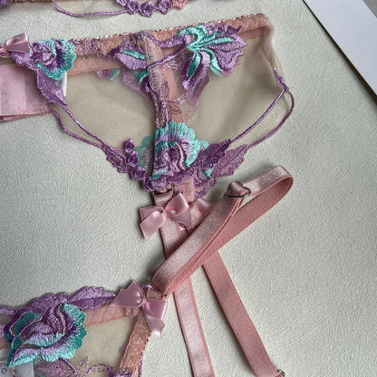 Floral Embroidery Lingerie Set for Women 5 Pieces Sexy Erotic Transparent Bra + Panties Underwear Set Sensual Garter Set