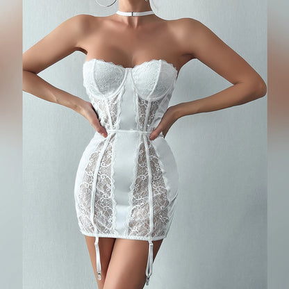 Strapless Lace Patchwork Nightgown for Women Spring Bodycon Sexy Sleep Shirts Nightwear