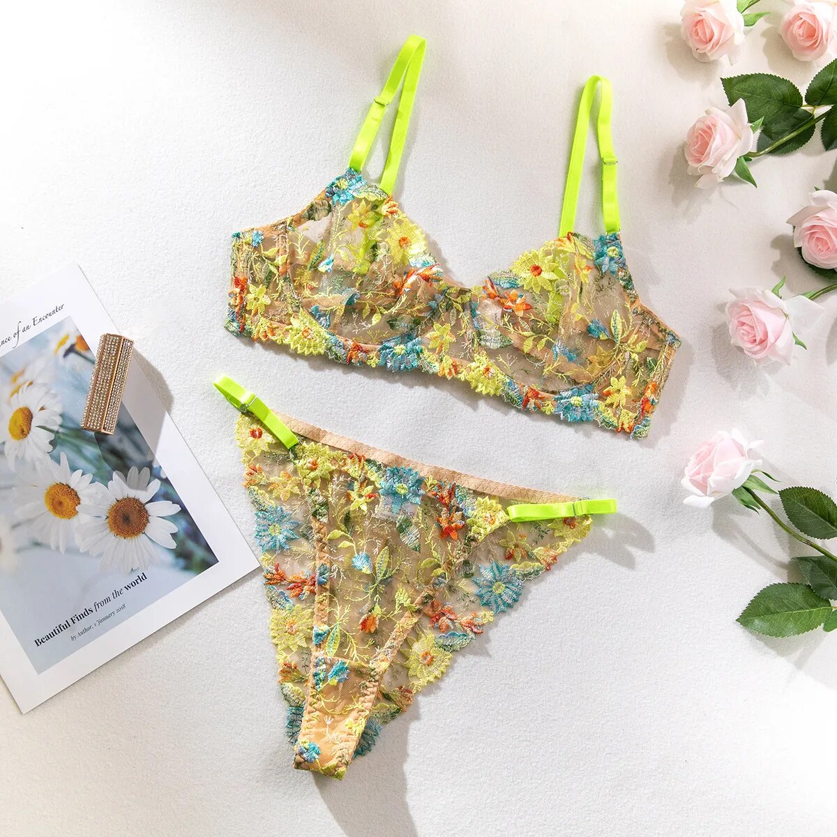 Florales Stickerei-Lingerie-Set für Damen, 2-teiliges Sexy Durchsichtiges BH + Höschen Unterwäsche-Set, Sinnliche Dessous