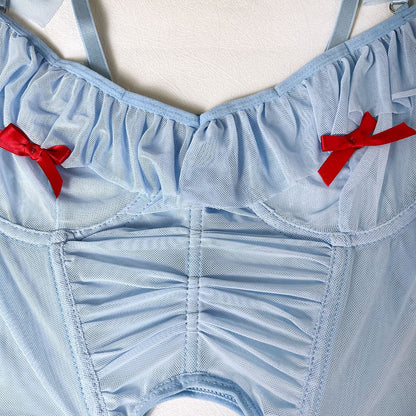 Ensemble lingerie avec nœuds et volants - Ensemble 4 pièces à épaules dénudées à la mode comprenant une culotte et un porte-jarretelles