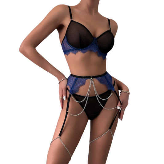 Spitzen-Patchwork Mesh Dessous: Rhinestone-Kette mit Strumpfband - Sexy Erotisches Ensemble Velure Intimates