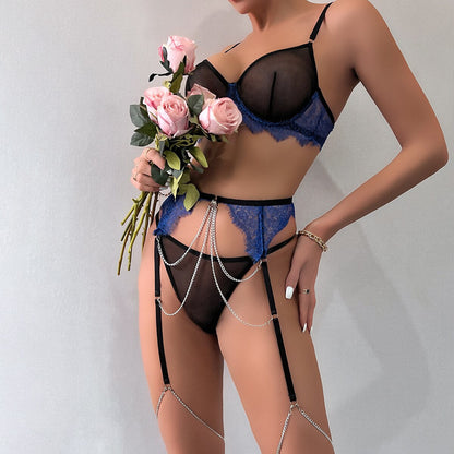 Spitzen-Patchwork Mesh Dessous: Rhinestone-Kette mit Strumpfband - Sexy Erotisches Ensemble Velure Intimates