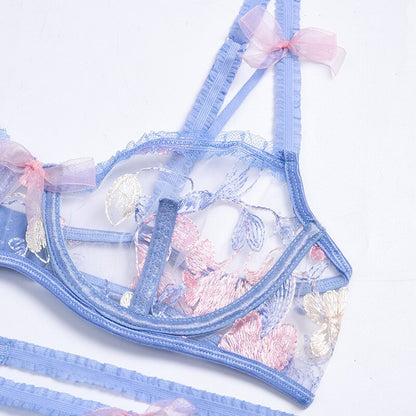 Transparentes 3-teiliges BH-Set mit Floralstickerei & Schleifen-Akzenten Velure Intimates