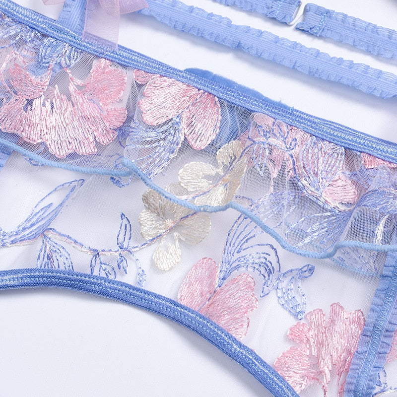 Transparentes 3-teiliges BH-Set mit Floralstickerei & Schleifen-Akzenten Velure Intimates