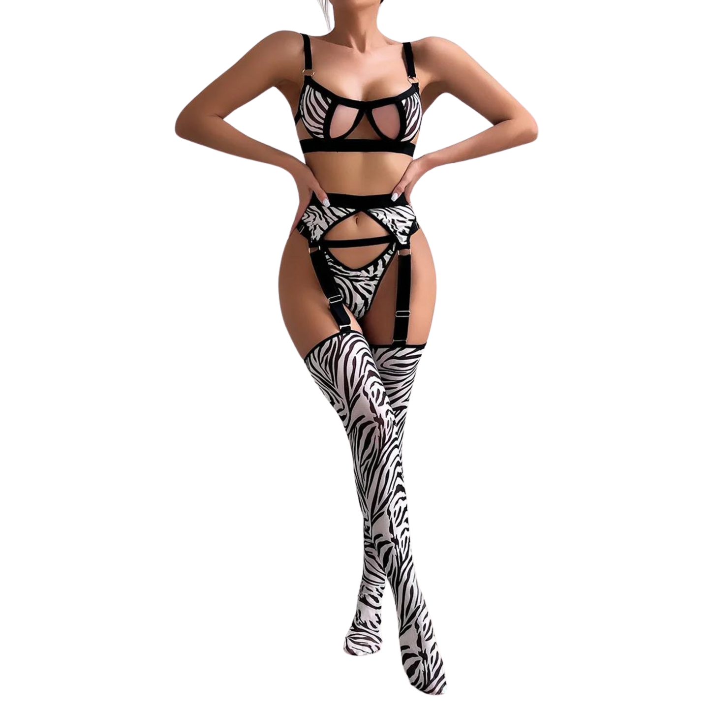 Zebra Print Cut Out Lingerie Set with Stockings for Women, 4 Piece Sexy Bra + Thong Underwear Set, Sensual Erotic Lingerie