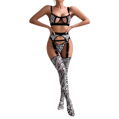 Zebra-Print Ausgeschnittenes Lingerie-Set mit Strümpfen für Damen, 4-teiliges Sexy BH + String Unterwäsche-Set, Sinnliche Erotische Dessous